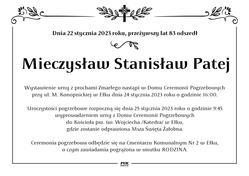 Mieczysław Stanisław Patej - nekrolog